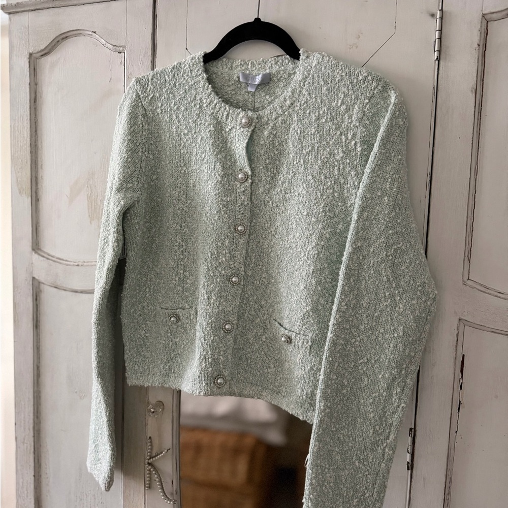 Buttoned Bouclé Cardigan - mint green